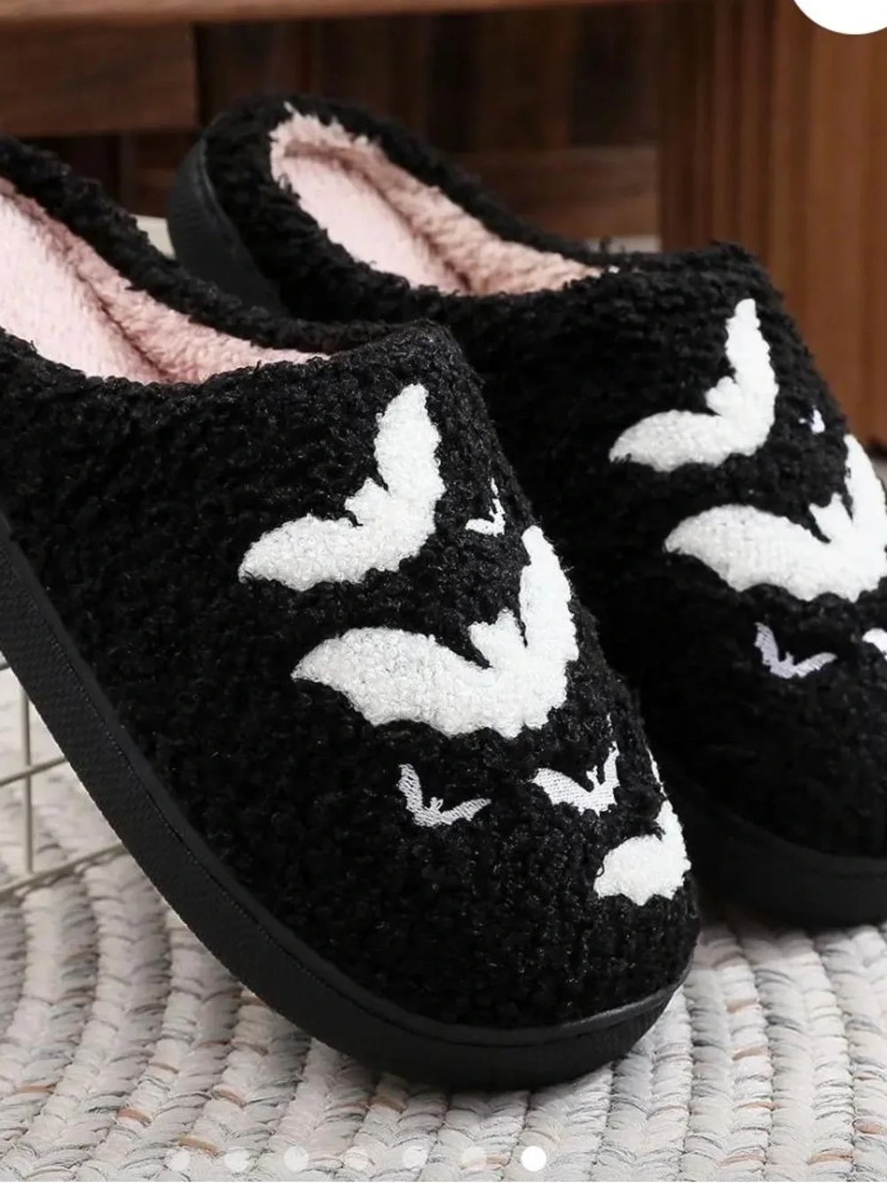 Nine West Black Plush Kids' Slippers with White Bat Motif and Pink Lining